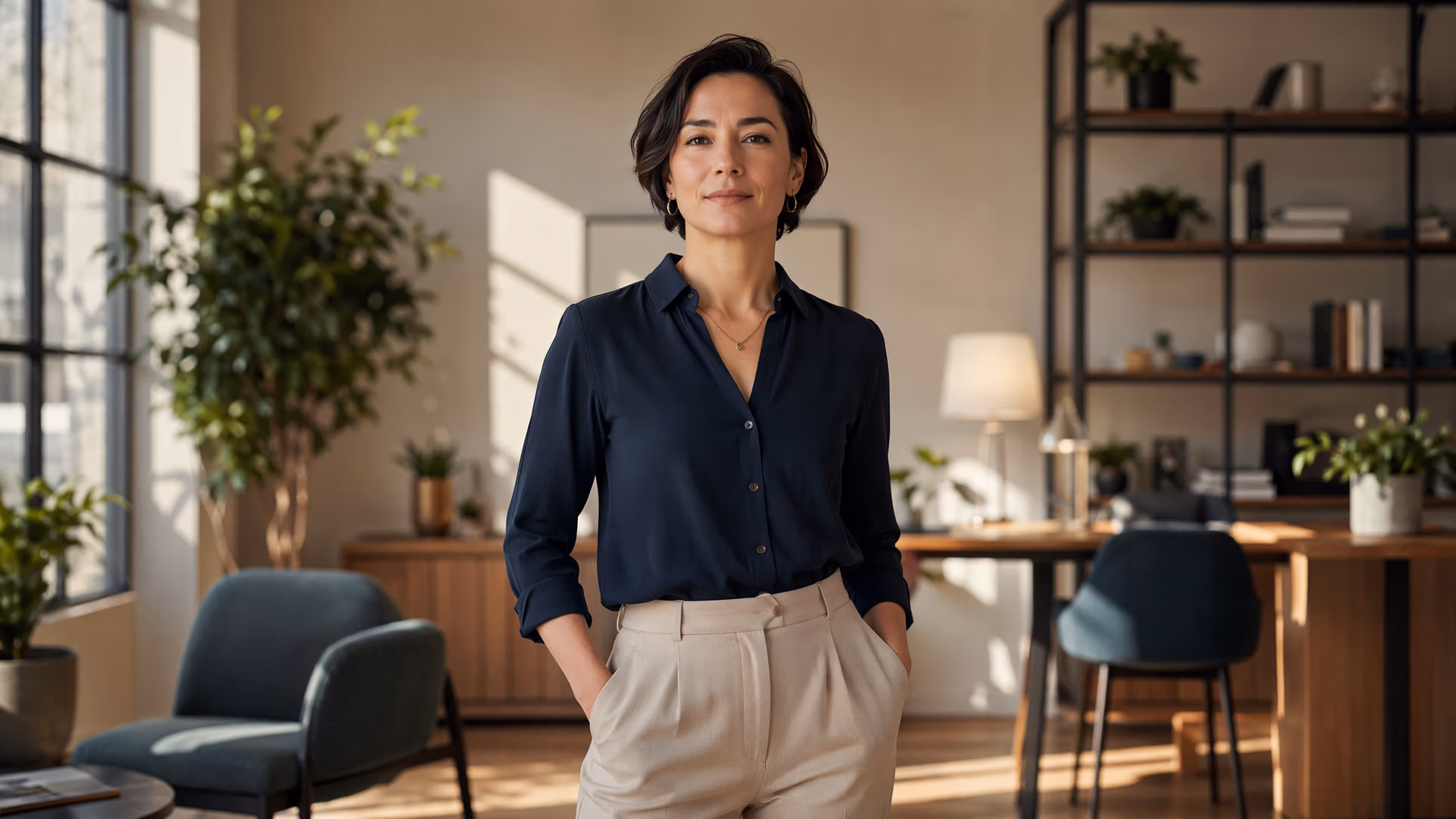 Vrouw in donkerblauwe blouse staat in een lichte werkkamer met planten en een boekenkast